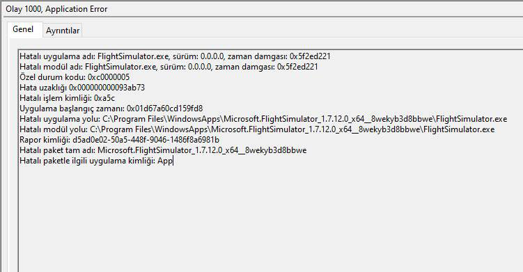 flight simulator 2020 stopped working error on event viewer 0xc0000005 code