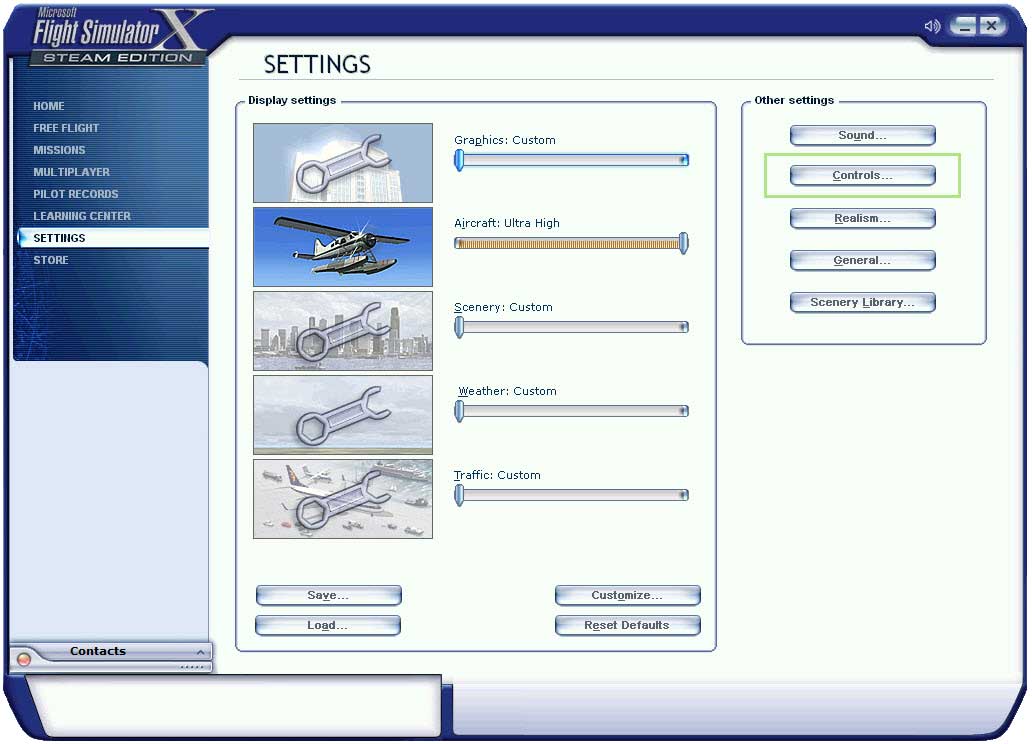 microsoft flight simulator (fsx) control settings