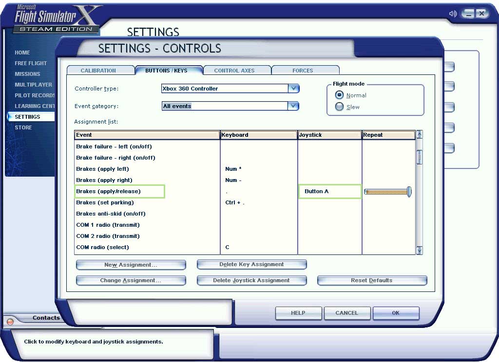 microsoft flight simulator (fsx) key assignments for brakes