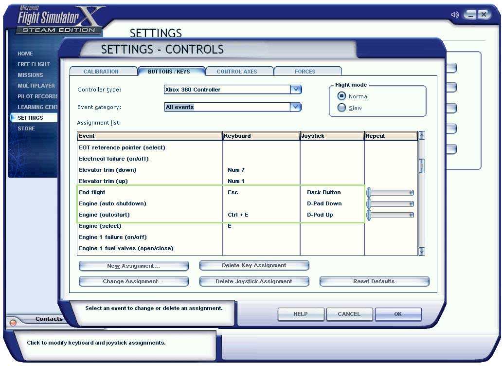 microsoft flight simulator (fsx) key assignments for engine start-stop and end flying