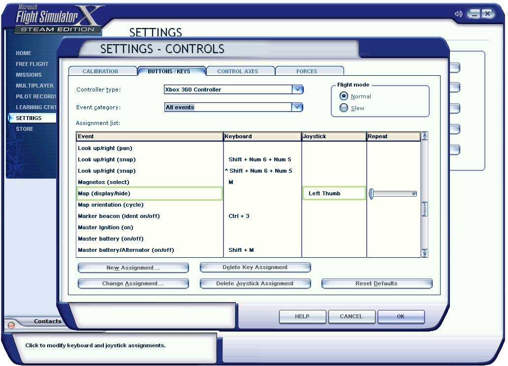 microsoft flight simulator (fsx) key assignment for show/hide map