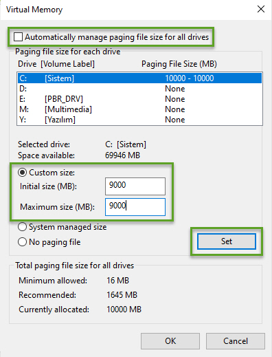 changing the virtual memory pagefile size in windows 10